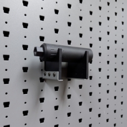 Medium horizontal suppressor hanger holding pistol suppressor left angle view