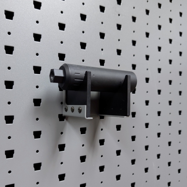 Medium horizontal suppressor hanger holding pistol suppressor left angle view