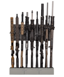 PKG-103 freestanding rifle storage rack holding multiple rifles in a straight-on view