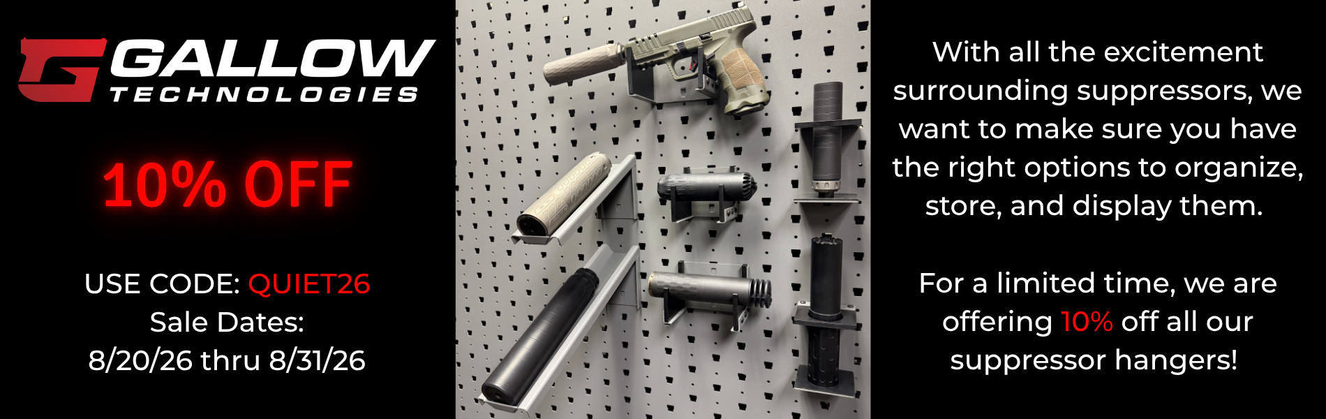 Suppressor Sale. Use code QUIET26 for 10% off our suppressor hangers.